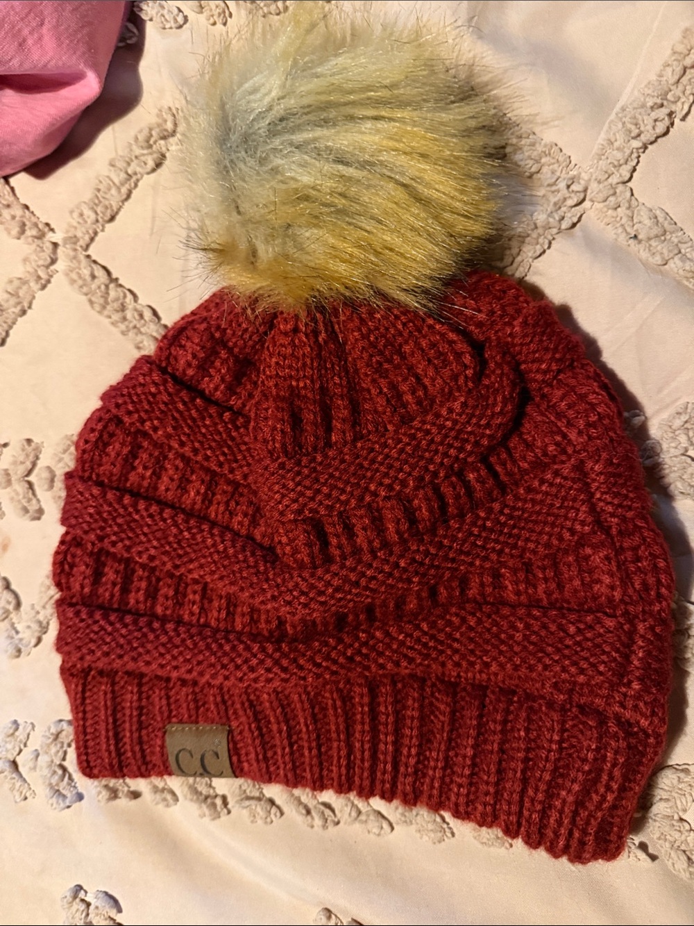 CC Beanie Hat in Red with Yellow Faux Fur Pom